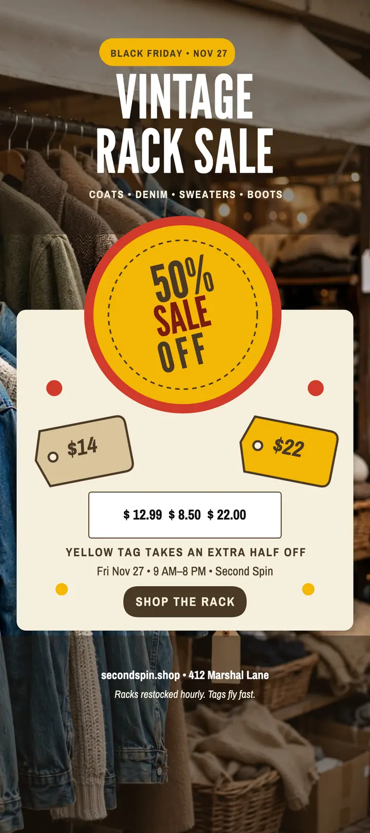 Second Spin Black Friday thrift tags rack card: black friday vintage sale rack card template