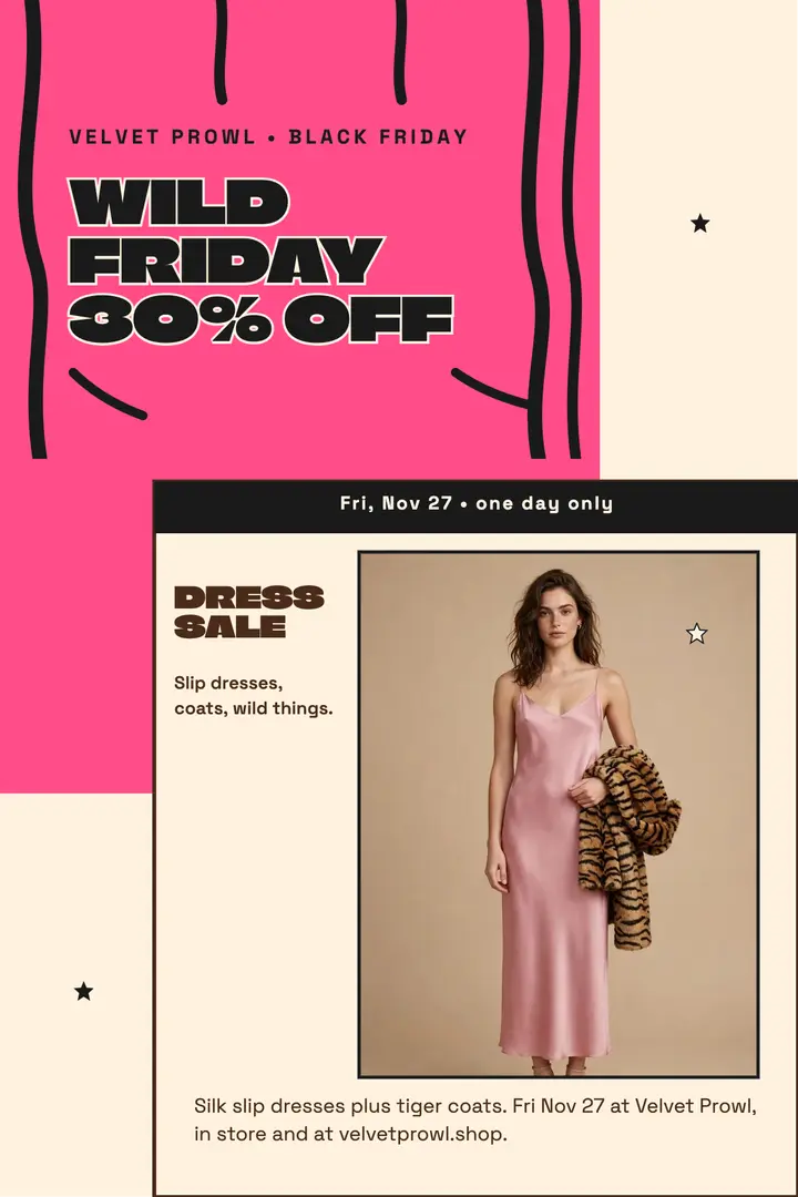 Velvet Prowl Black Friday dress sale poster template