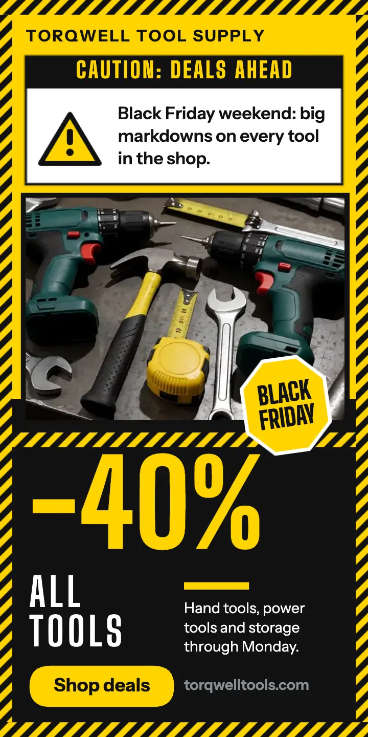 Black Friday tools half-page ad, hazard stripe: black friday tool sale ad template