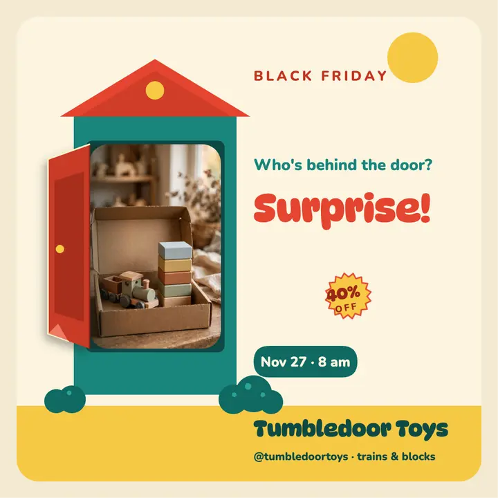 Tumbledoor Toys Black Friday teaser, lift-the-flap post template