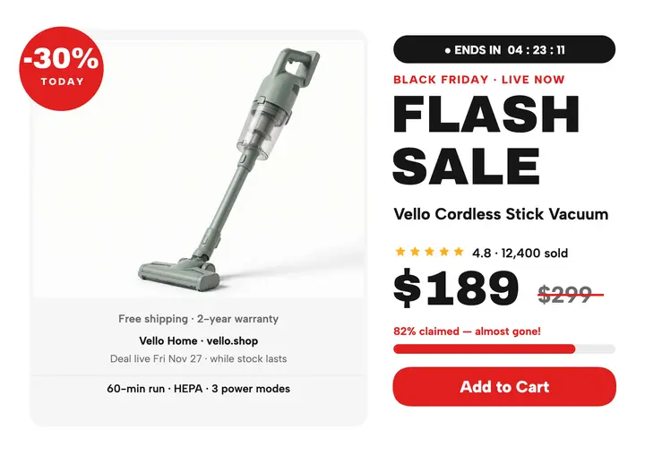 Vello flash sale vacuum app card: black friday vacuum sale card template