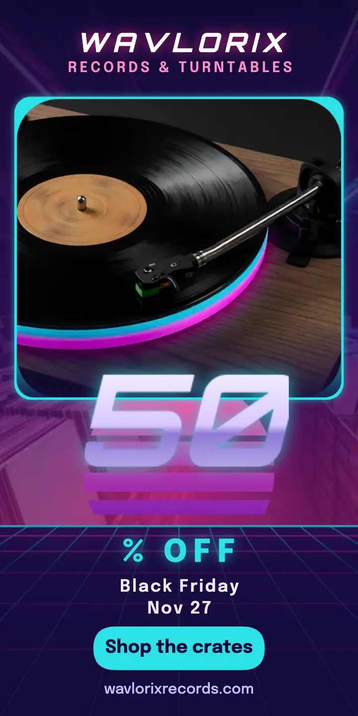 Wavlorix Records Black Friday half-page ad, synthwave template