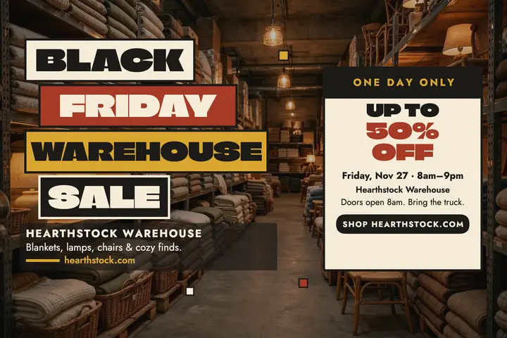 Hearthstock Black Friday warehouse sale postcard: black friday sale postcard template