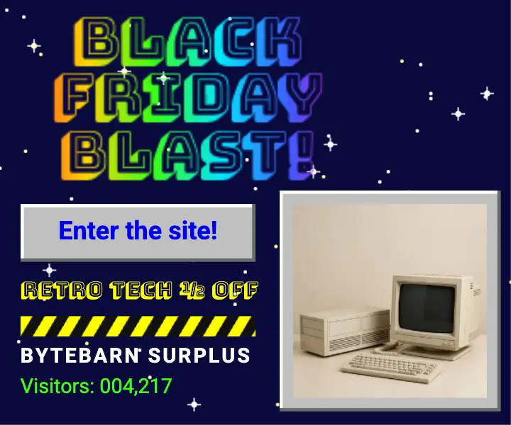 Bytebarn Surplus Black Friday ad, retro homepage template