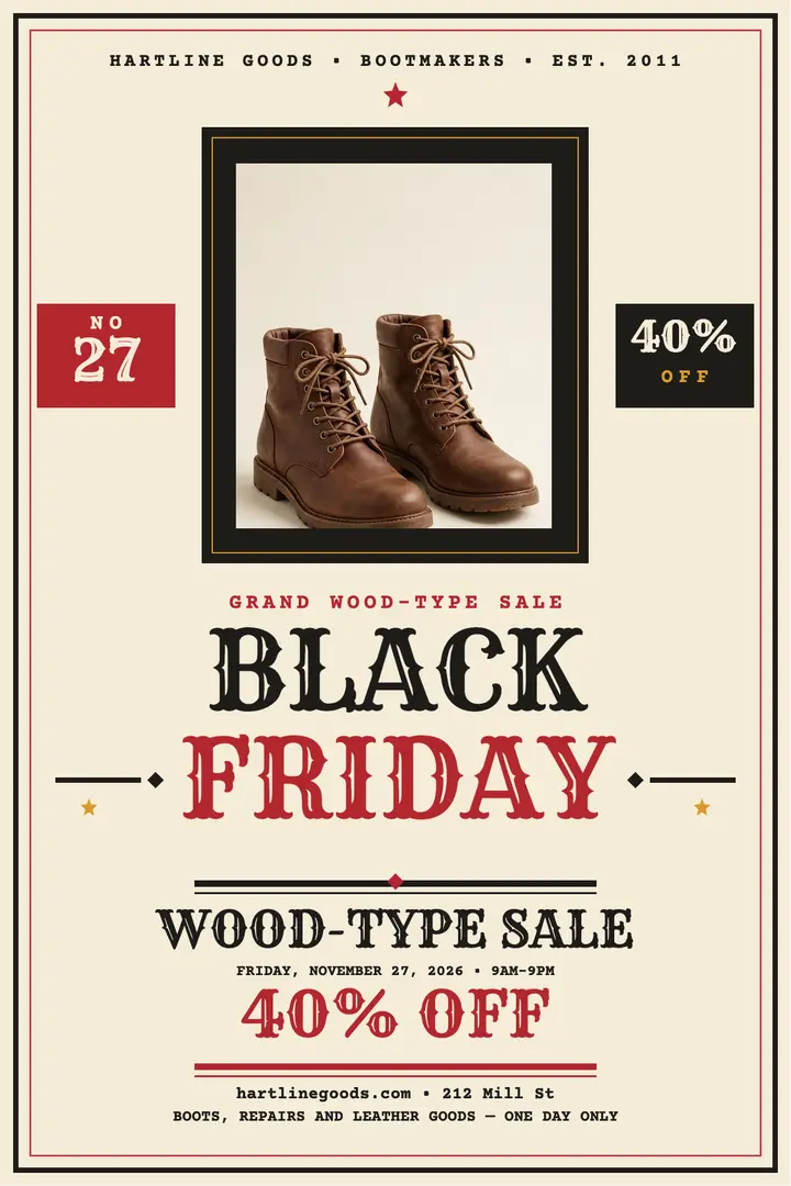 Hartline Goods Black Friday wood-type poster template