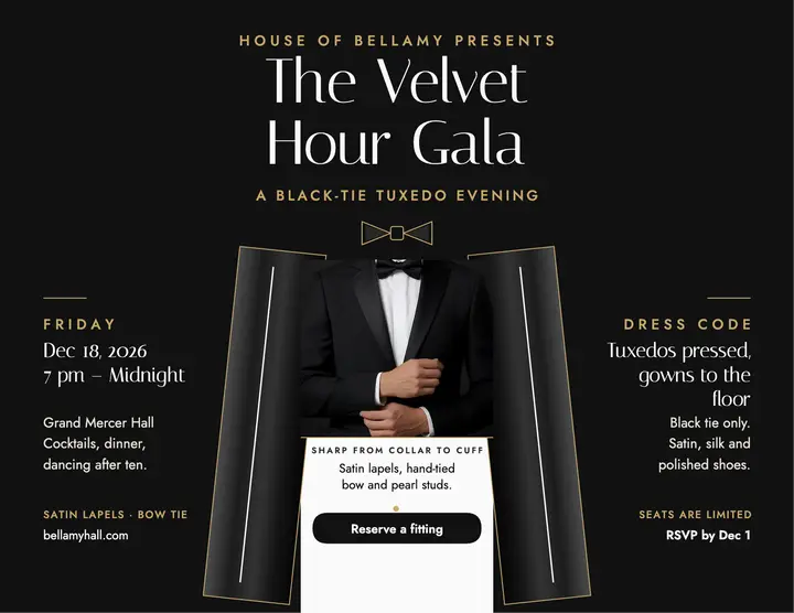 Velvet Hour gala tuxedo flyer: black tie gala flyer template