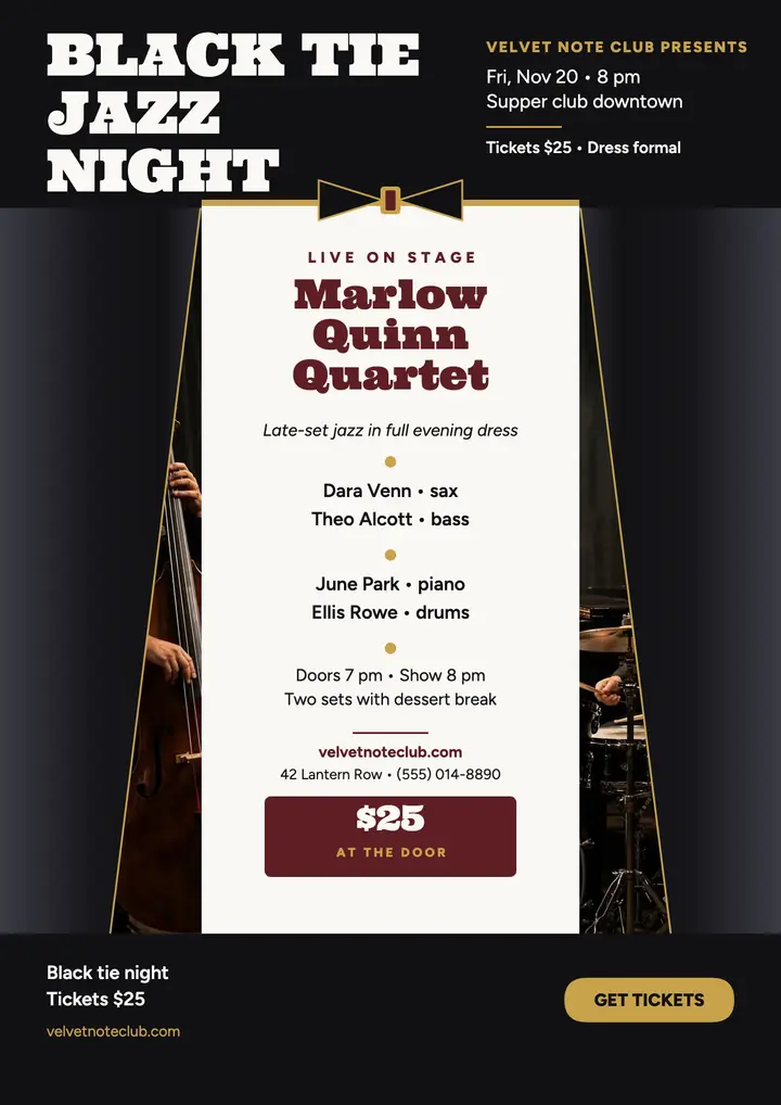 Velvet Note black tie jazz night flyer template
