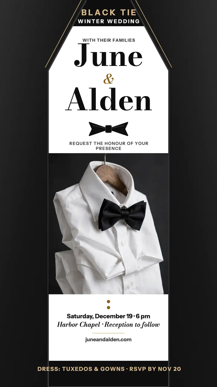 June and Alden black tie wedding story: winter wedding invitation story template