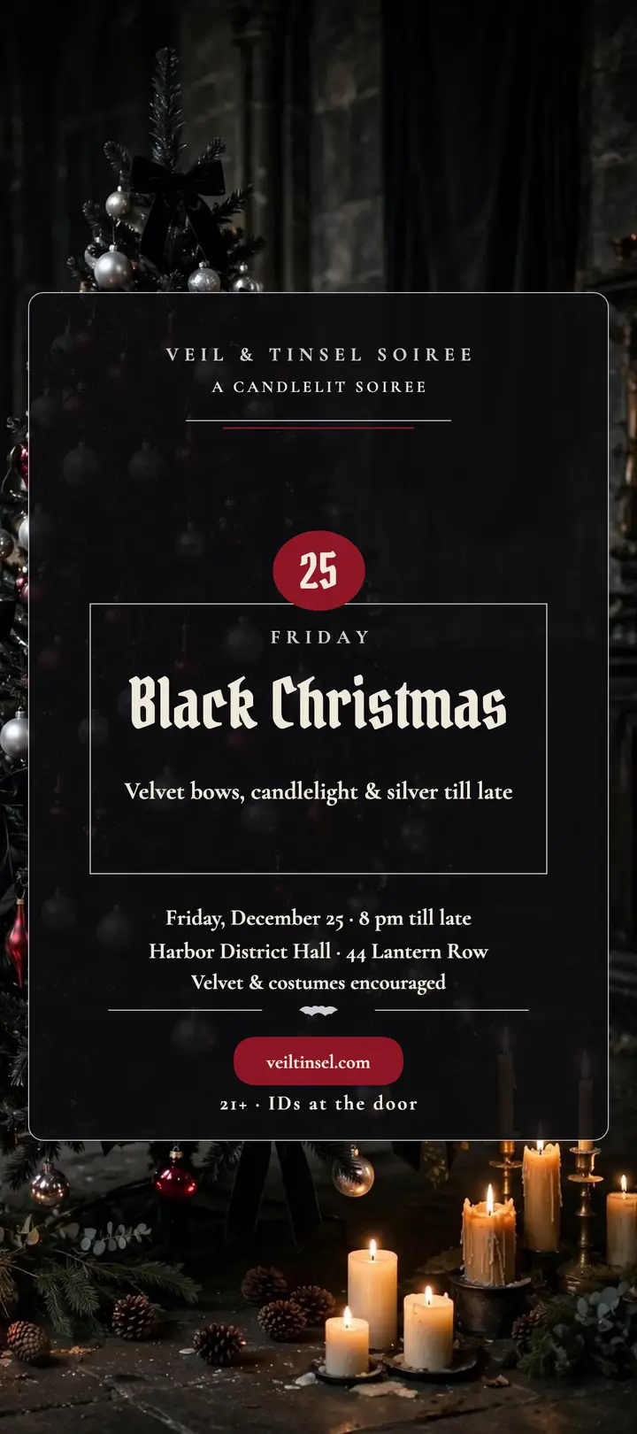 Veil and Tinsel Black Christmas rack card: black christmas party rack card template