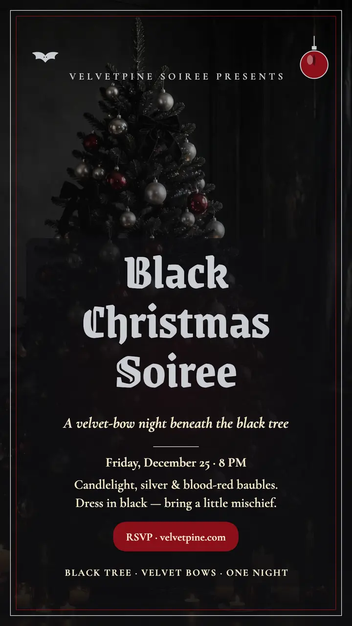 Velvetpine black Christmas party story: christmas party invite template