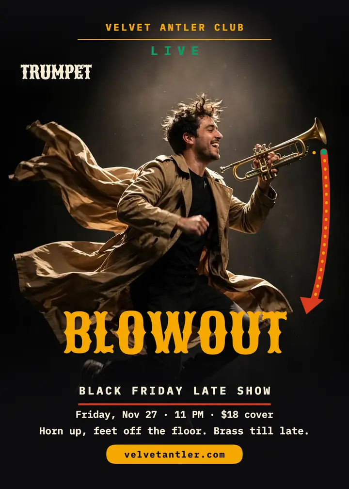 Velvet Antler trumpet leap gig poster: trumpet gig poster template