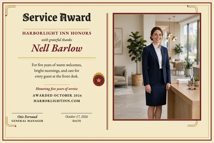 Harborlight Inn service award postcard template