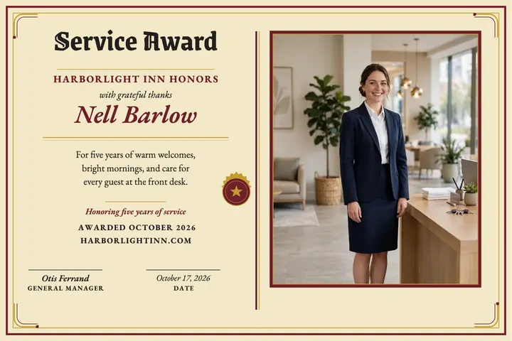 Harborlight Inn service award postcard template
