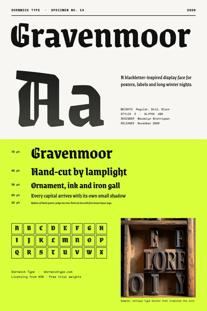Gravenmoor blackletter typeface specimen poster template