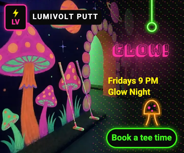 Blacklight mini-golf Glow Night ad: mini golf night ad template