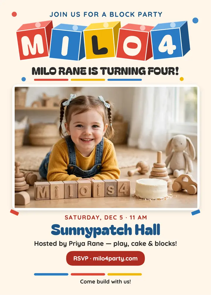 Milo block party fourth birthday invitation template