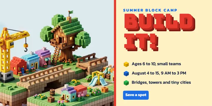 Block builders summer camp post, voxel cubes: kids summer camp post template