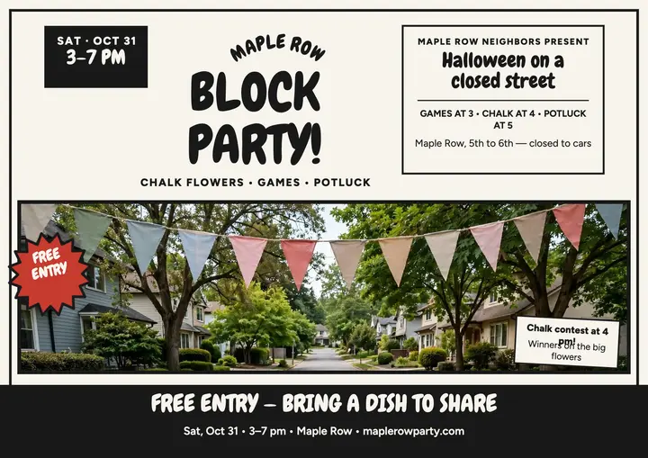 Maple Row Halloween block party card template