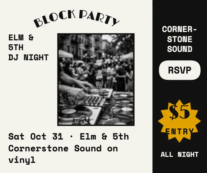 Elm and 5th block party DJ night ad: block party dj ad template