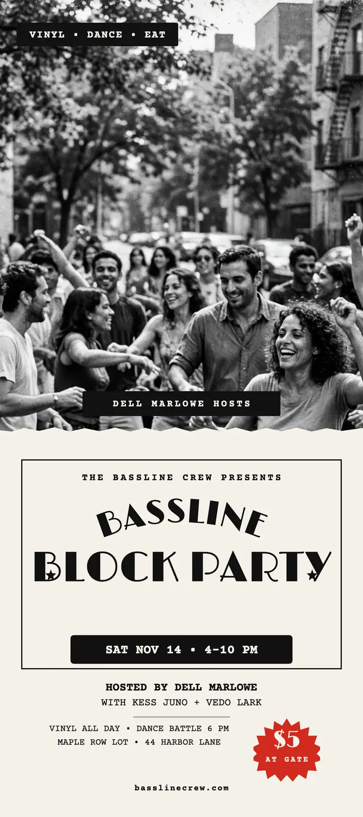 Bassline block party DJ flyer: dj block party flyer template