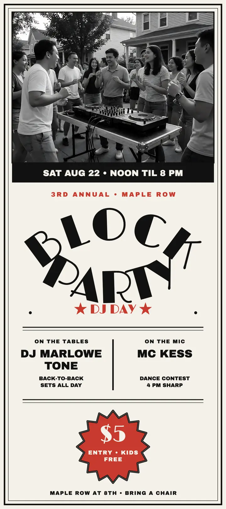 Maple Row Block Party DJ day rack card: block party rack card template