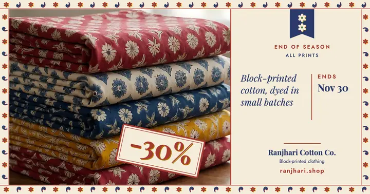 Ranjhari Cotton Co. end-of-season sale post, Indian block print template