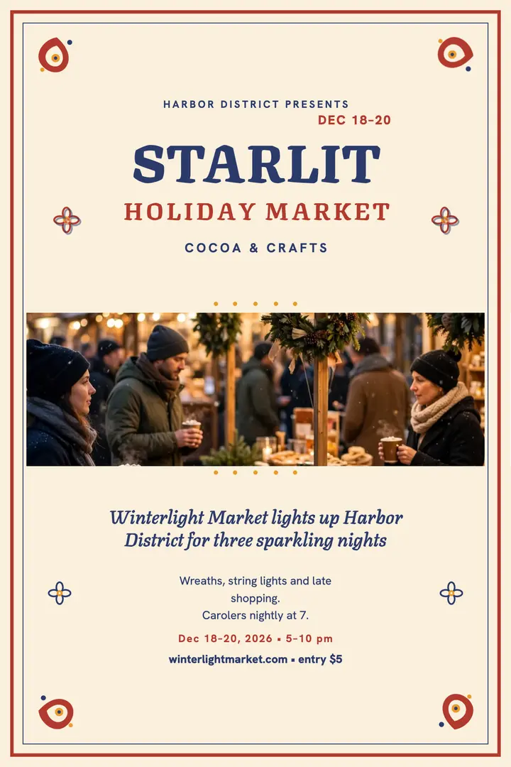 Winterlight holiday night market block-print poster template