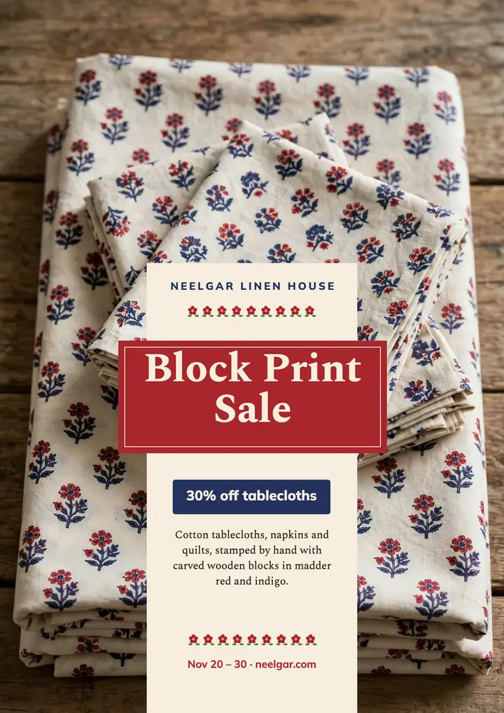 Neelgar block print linen sale flyer template