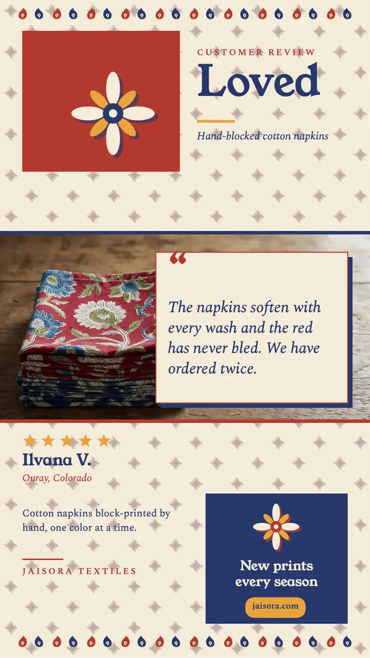Block-printed napkins customer review story template