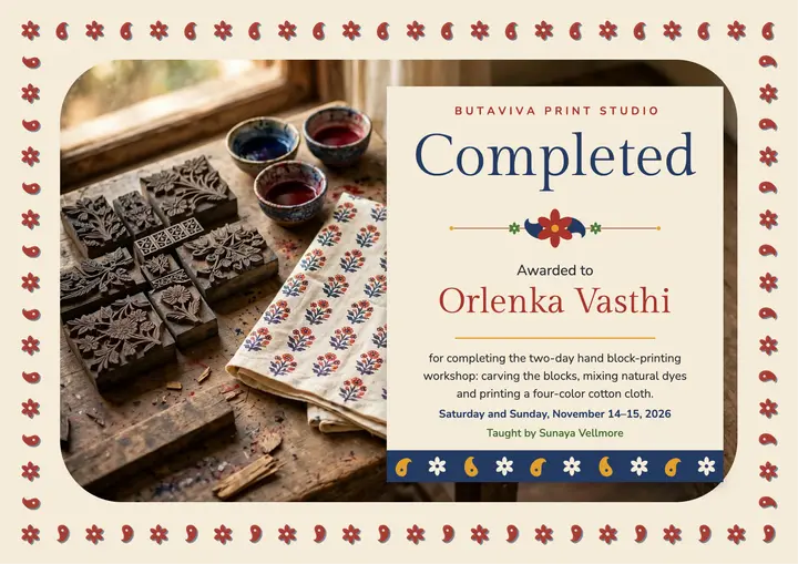 Block printing workshop certificate, Indian block print template