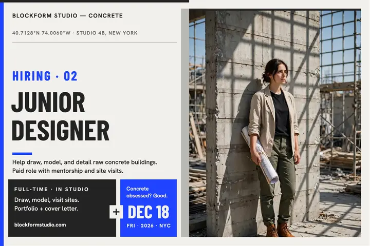 Blockform Studio junior designer hiring postcard template