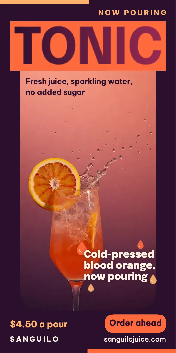 Blood orange tonic half-page ad, liquid splash: juice bar display ad template