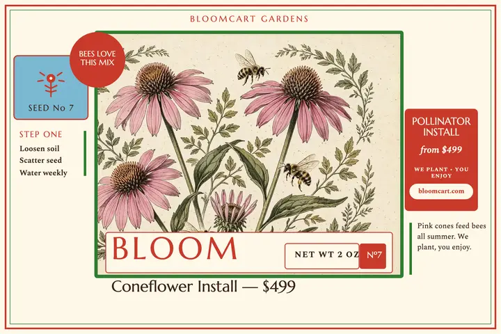 Bloomcart garden install seed packet postcard: pollinator garden postcard template