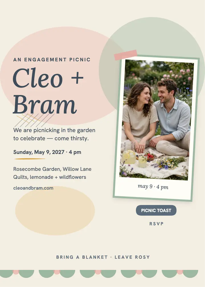 Cleo and Bram garden engagement picnic invite template