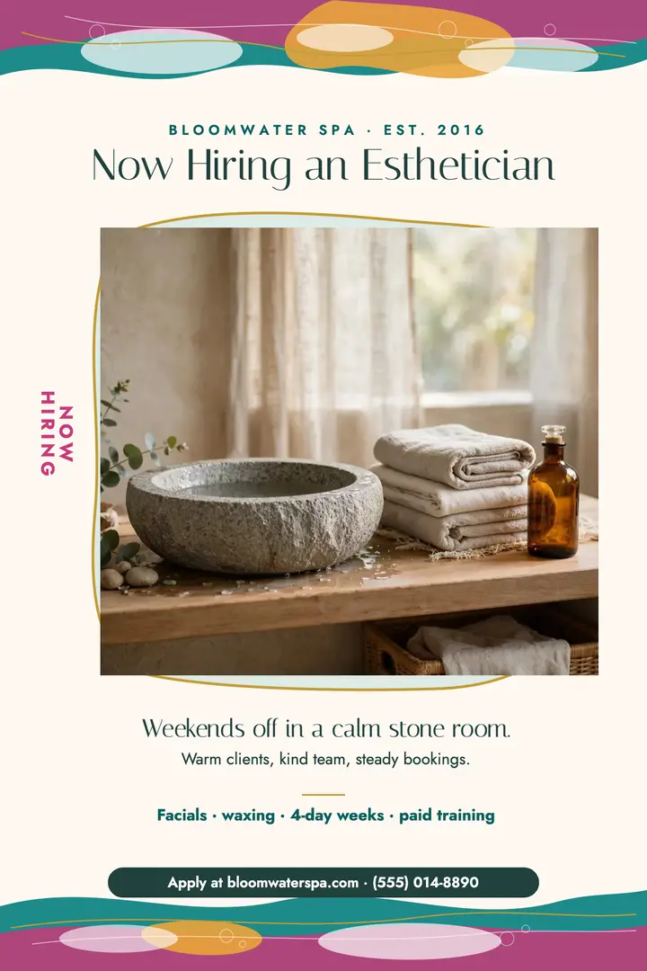 Bloomwater Spa esthetician hiring poster template