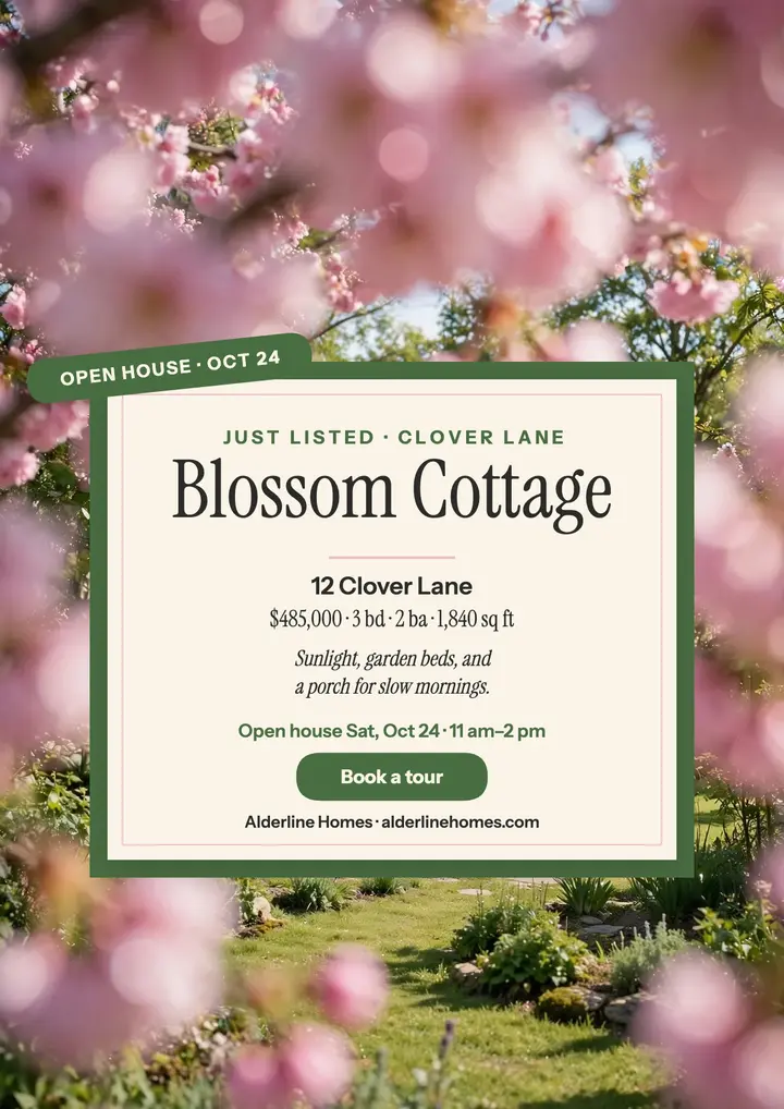 Blossom Cottage listing flyer, Clover Lane template