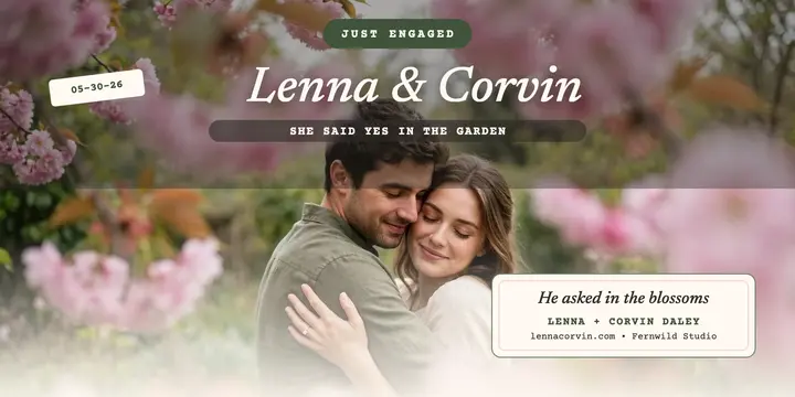 Lenna and Corvin blossom engagement post: engagement announcement post template