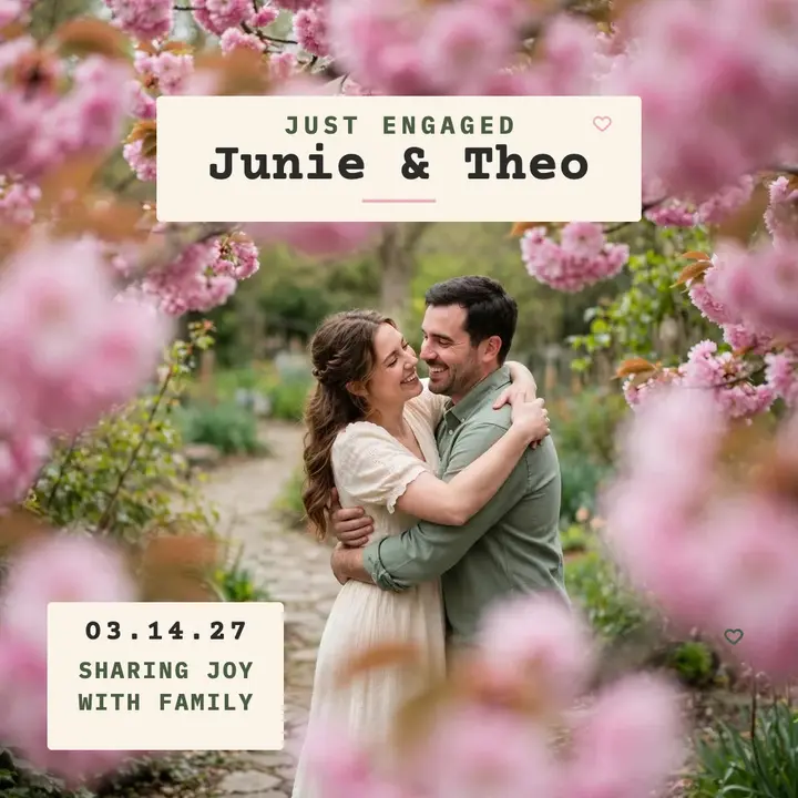 Junie and Theo blossom engagement post: engagement announcement post template