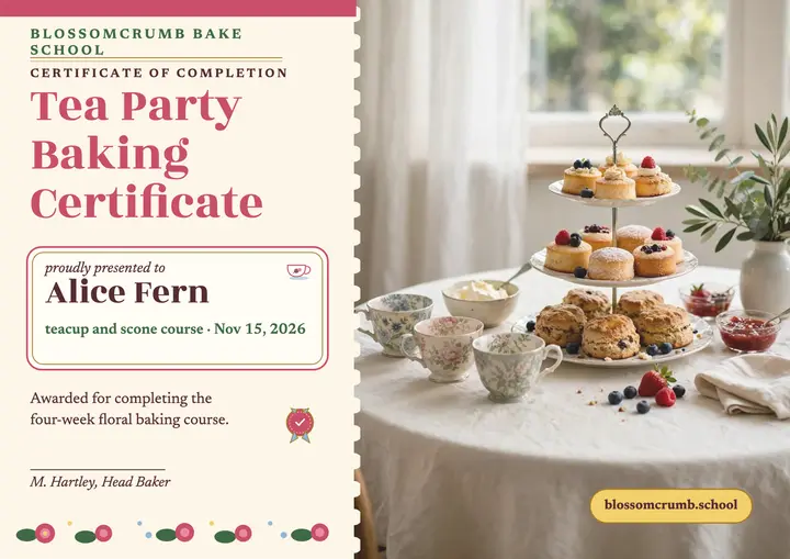Blossomcrumb tea party baking certificate template