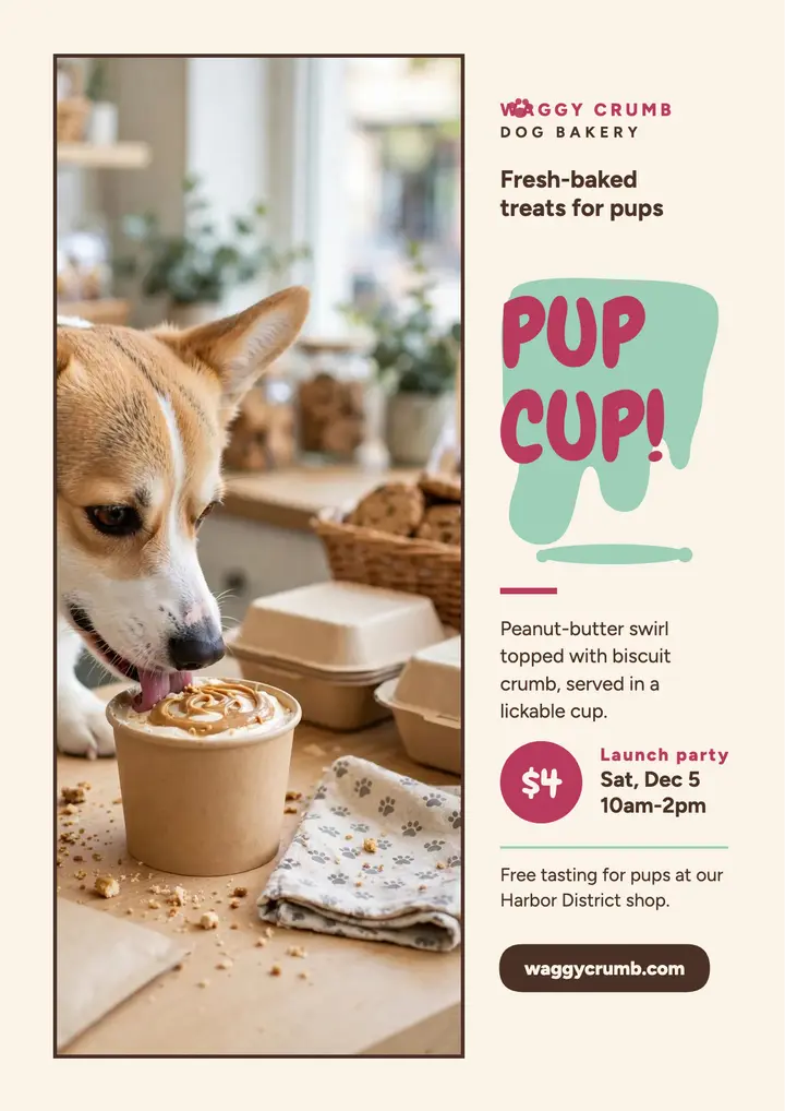 Waggy Crumb pup cup launch flyer template