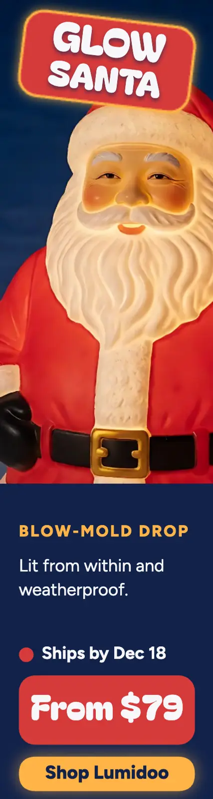 Glow Santa blow-mold lawn decor skyscraper ad: holiday lawn decor ad template