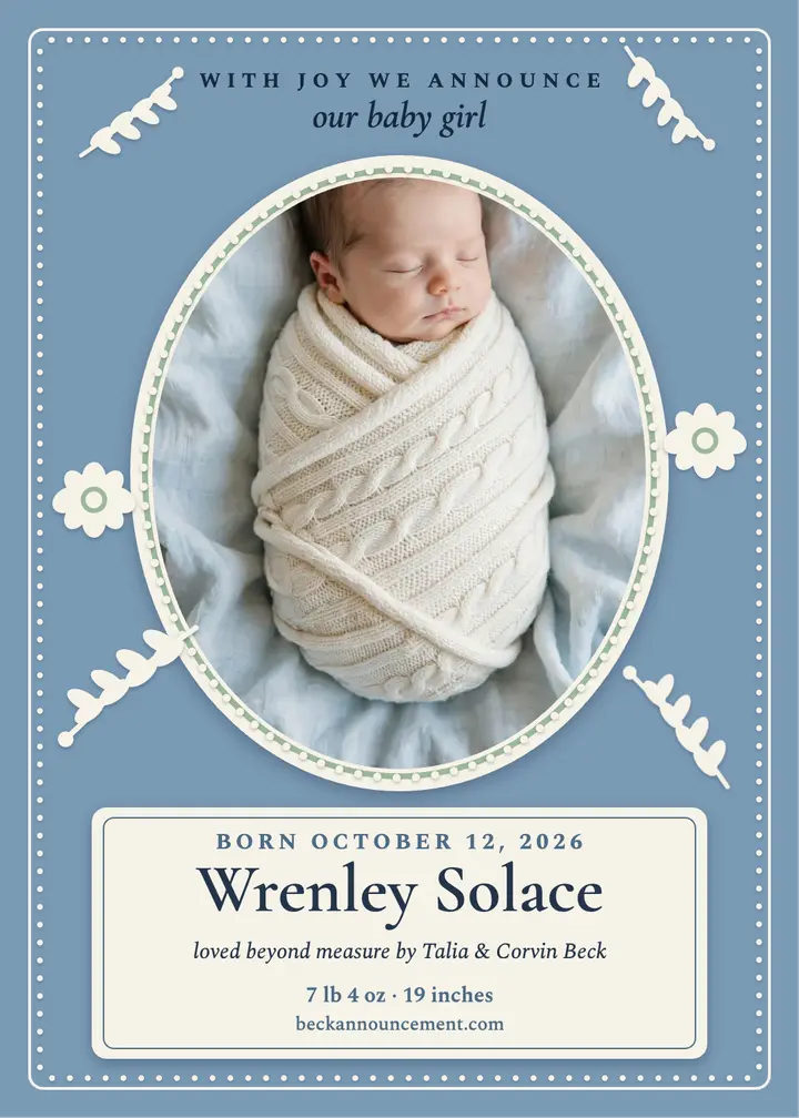 Blue cameo birth announcement, Wrenley template