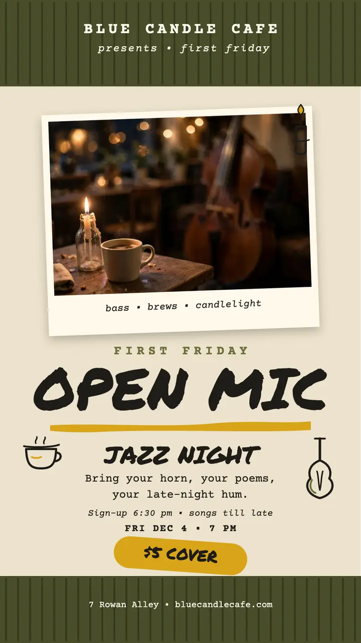 Blue Candle open mic jazz night story: open mic jazz night poster template