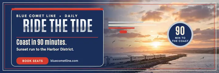 Blue Comet coastal rail getaway header: train getaway header template