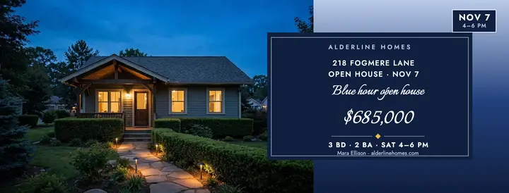 Alderline blue hour bungalow open house cover template