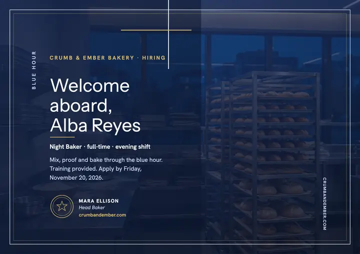 Crumb and Ember night baker welcome certificate template