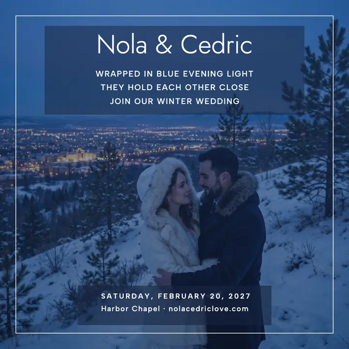 Nola and Cedric blue hour winter wedding post: winter wedding invitation template