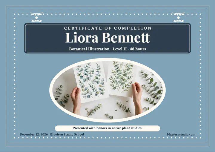 Bluefern botanical illustration certificate: botanical certificate template