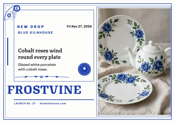Blue Kilnhouse Frostvine launch certificate: dinnerware launch poster template