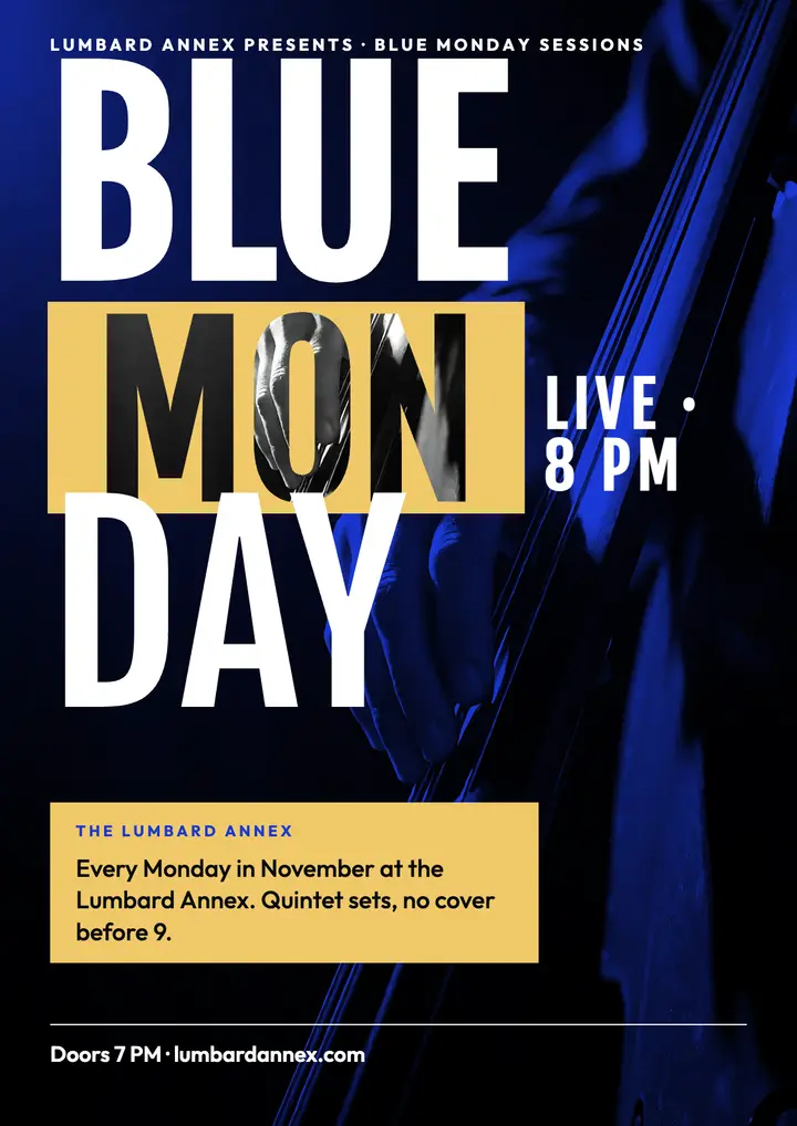 Blue Monday jazz night flyer, hard-bop sleeve template